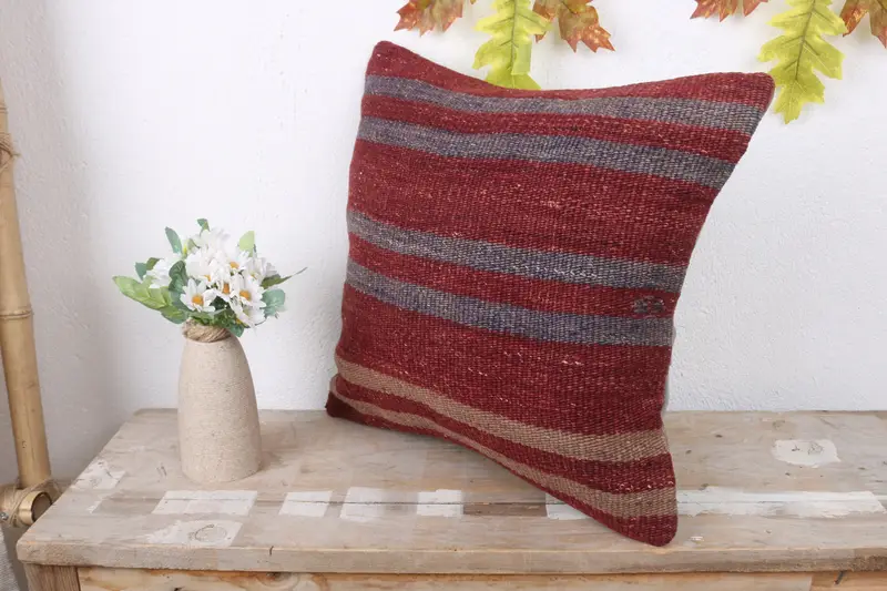 Rustic Pillow Cover, Boho Chic Pillow Cover, 16x16 Red Pillow Sham, Kilim Pillow Cover, Pillow, Throw Kilim Pillow, Interior Designer Pillow - 4