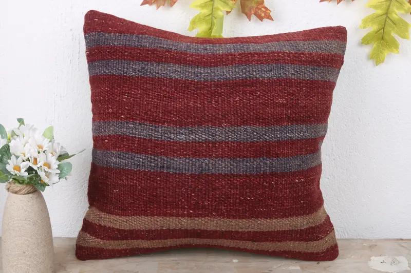 Rustic Pillow Cover, Boho Chic Pillow Cover, 16x16 Red Pillow Sham, Kilim Pillow Cover, Pillow, Throw Kilim Pillow, Interior Designer Pillow - 2