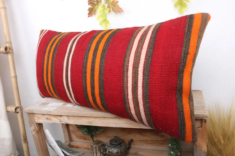 Antique Pillows, Vintage Kilim Pillow, Cushion, 16x36 Red Pillow Case, Accent Pillow Sham, Living Room Throw Pillow Case, Kilim Cushion Sham - 4