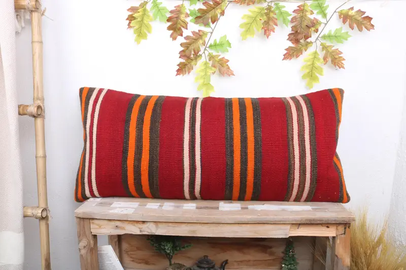 Antique Pillows, Vintage Kilim Pillow, Cushion, 16x36 Red Pillow Case, Accent Pillow Sham, Living Room Throw Pillow Case, Kilim Cushion Sham - 1