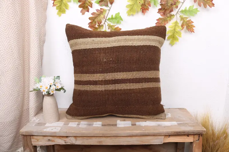 Vintage Kilim Throw Pillow, Designer Throw Cushion Cover, Pillow Case, Interior Designer Pillow, Ethnical Kilim Rug Pillow, 20x20 Brown Cushion - 1