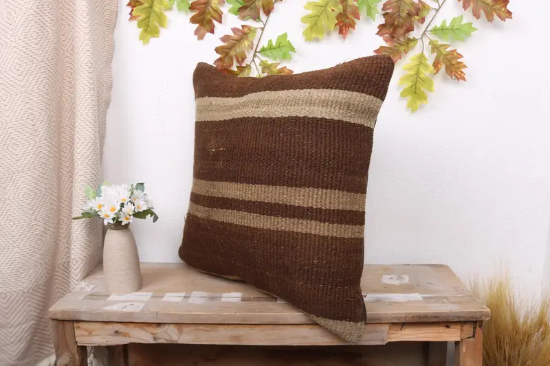 Vintage Kilim Throw Pillow, Designer Throw Cushion Cover, Pillow Case, Interior Designer Pillow, Ethnical Kilim Rug Pillow, 20x20 Brown Cushion - 4