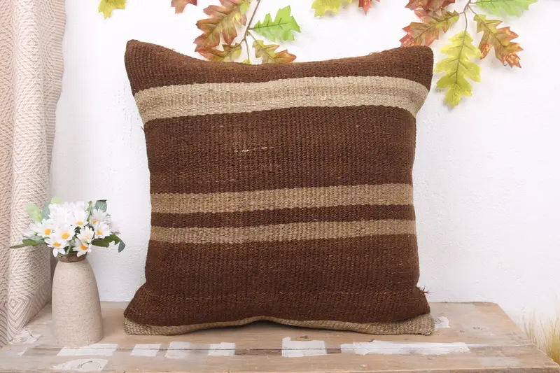 Vintage Kilim Throw Pillow, Designer Throw Cushion Cover, Pillow Case, Interior Designer Pillow, Ethnical Kilim Rug Pillow, 20x20 Brown Cushion - 2