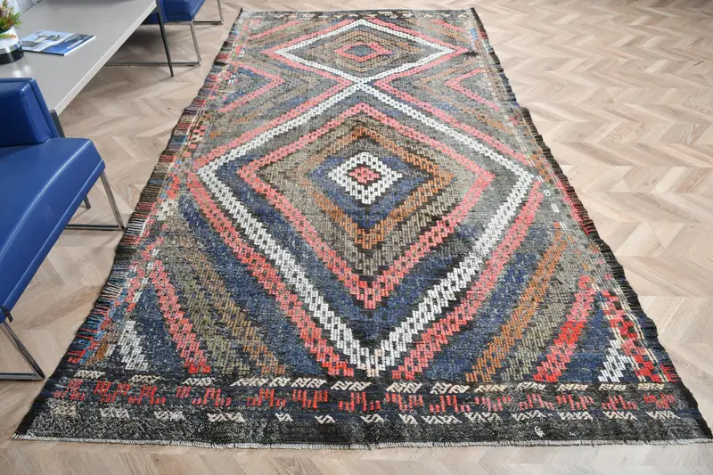 Alfombra Kilim turca vintage de 5,9x10,6 pies, alfombra de lana de patchwork grande azul - 1