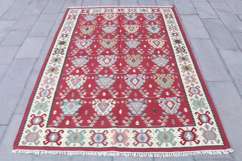 Kırmızı & Bej Halı, 5,6x7,7 ft Bitki ve Ağaç Desenli