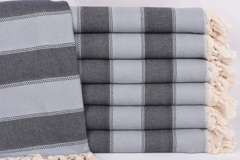 Beach Towel Handcrafted Turkish Cotton Baby Blue-Navy Stripes, 67x36 Inches