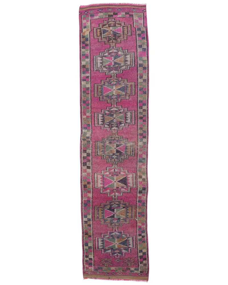 Elegant Pink Moroccan Rug, 2.5x10.5 ft with Green Accents