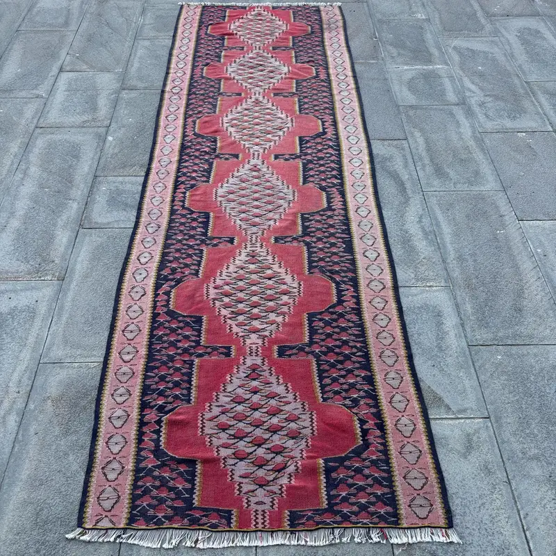 Red Southwestern Rug, 2.9x8.9 ft with Blue Accents