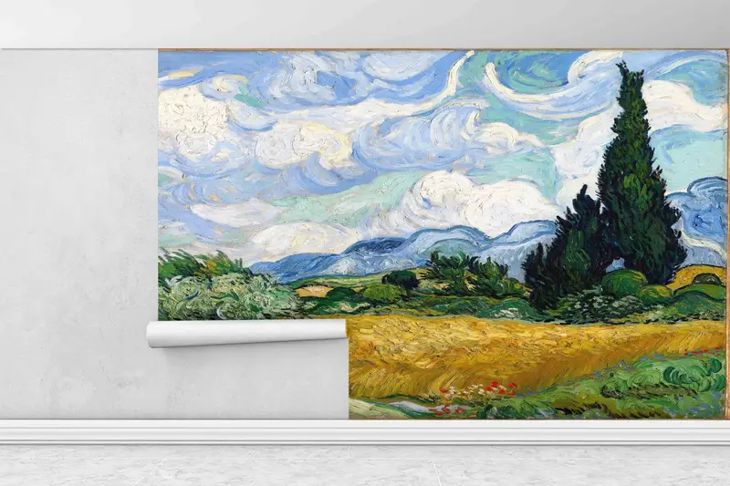 Van Gogh Wall Stickers, Landscape Paper Craft, Wheat Field with Cypresses Wallpaper, Reproduction Wall Stickers, Gift For House,Van Gogh Art - 1