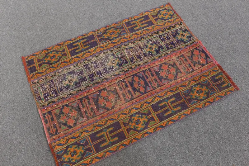 Vintage Turkish Rug 2.8x3.7 ft (85x112 cm), Oushak Purple Orange Abstract Rug - 1