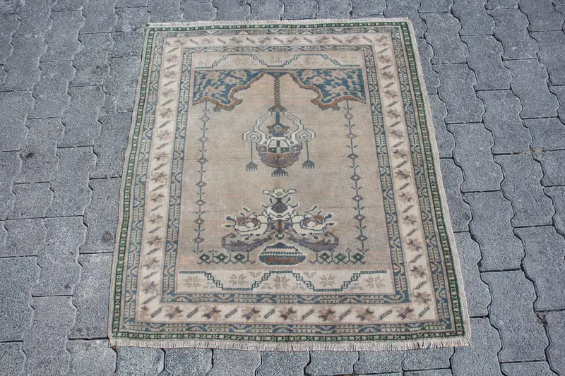 Vintage 2.8x3.2 ft Rug, Small Turkish Rug, Blue Ombré Wool Rug - 1