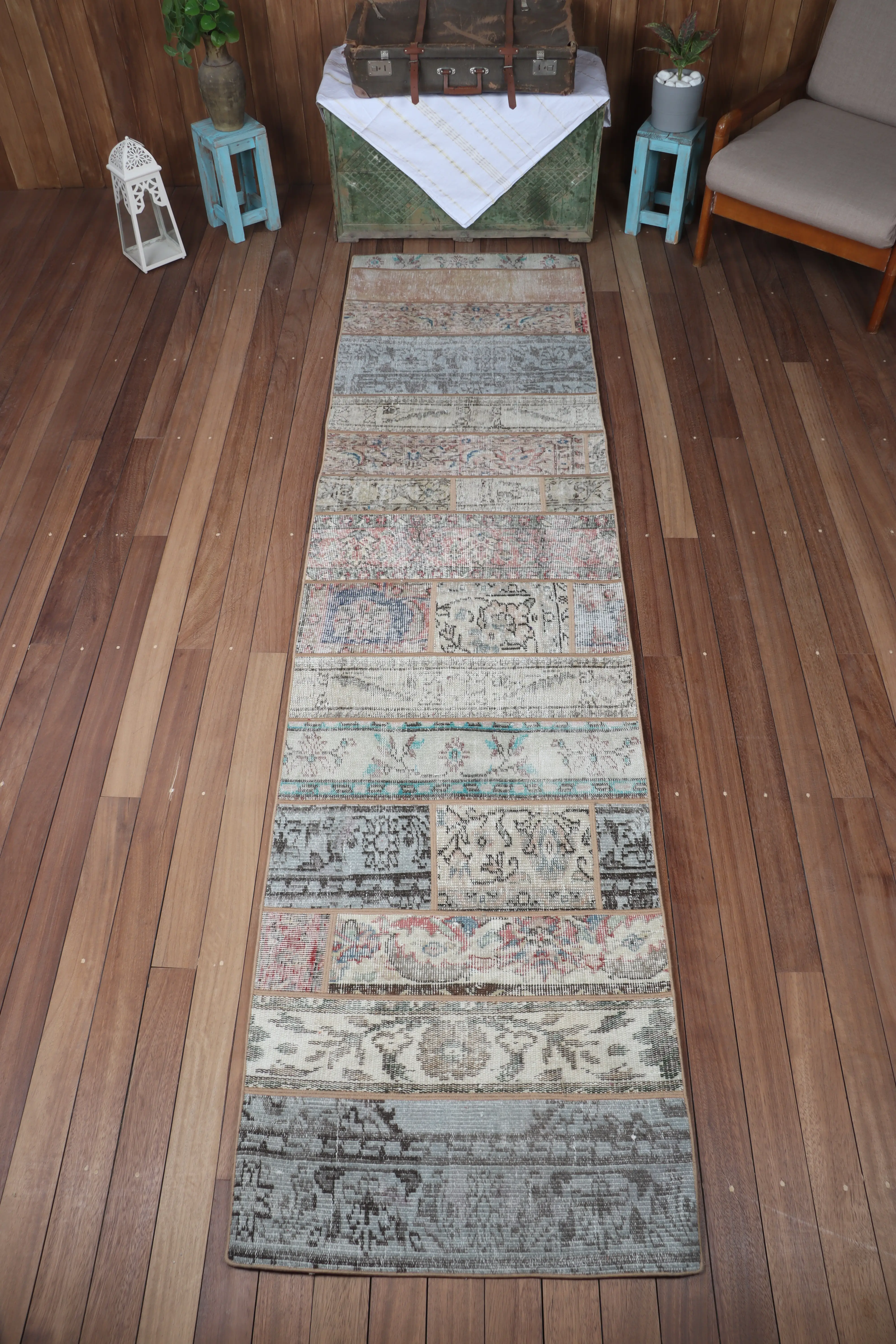 Patchwork-Teppich, 2,6x10,2 ft Vintage-Teppich, beige Blumenteppich - 1
