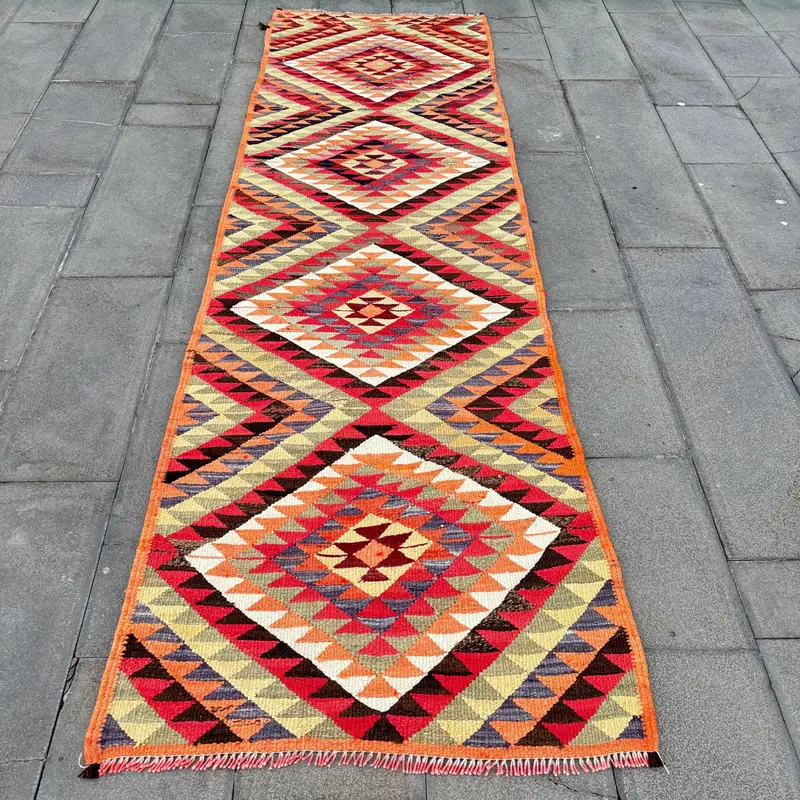 グリーン&レッドチェックラグ、3.1x9.7フィートのエレガントな装飾