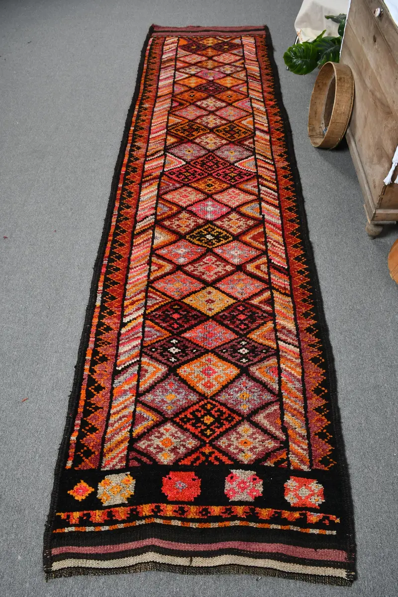 Elegant Black Moroccan Rug, 2,8x11,2 ft with Red Accents