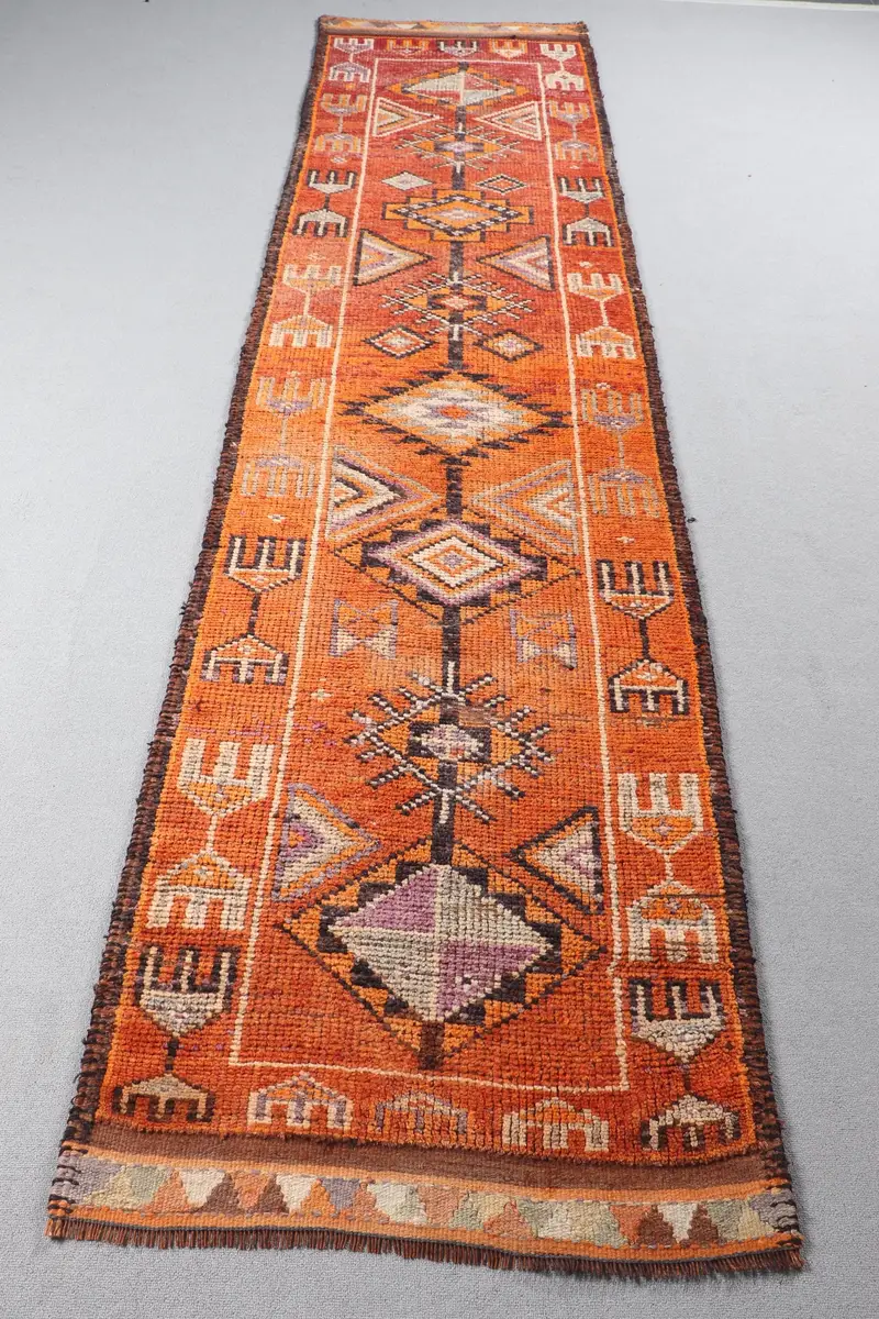 Orange & Brown Rug, 2,8x11,5 ft Botanical Design