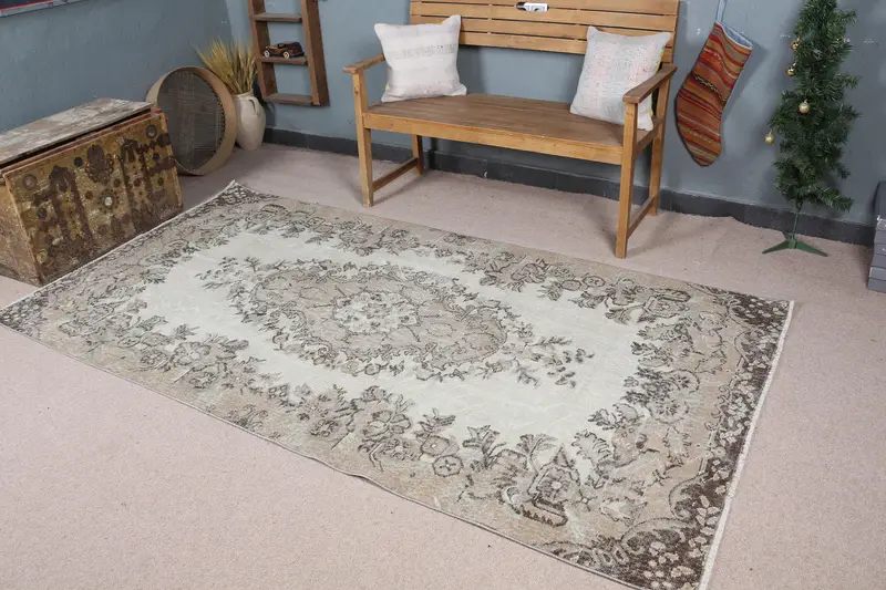 Vintage Türk Halısı, 4.5x8.6 ft Oushak Halı, Kahverengi Gri Soyut Halı - 1