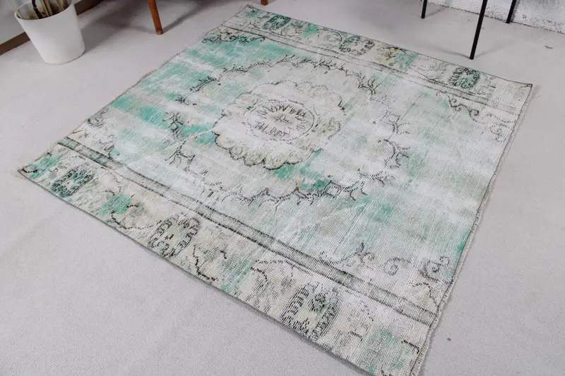 Vintage Türk Halısı, 5x5.3 ft Oushak Halı, Yeşil Beyaz Kamuflaj Halı - 1