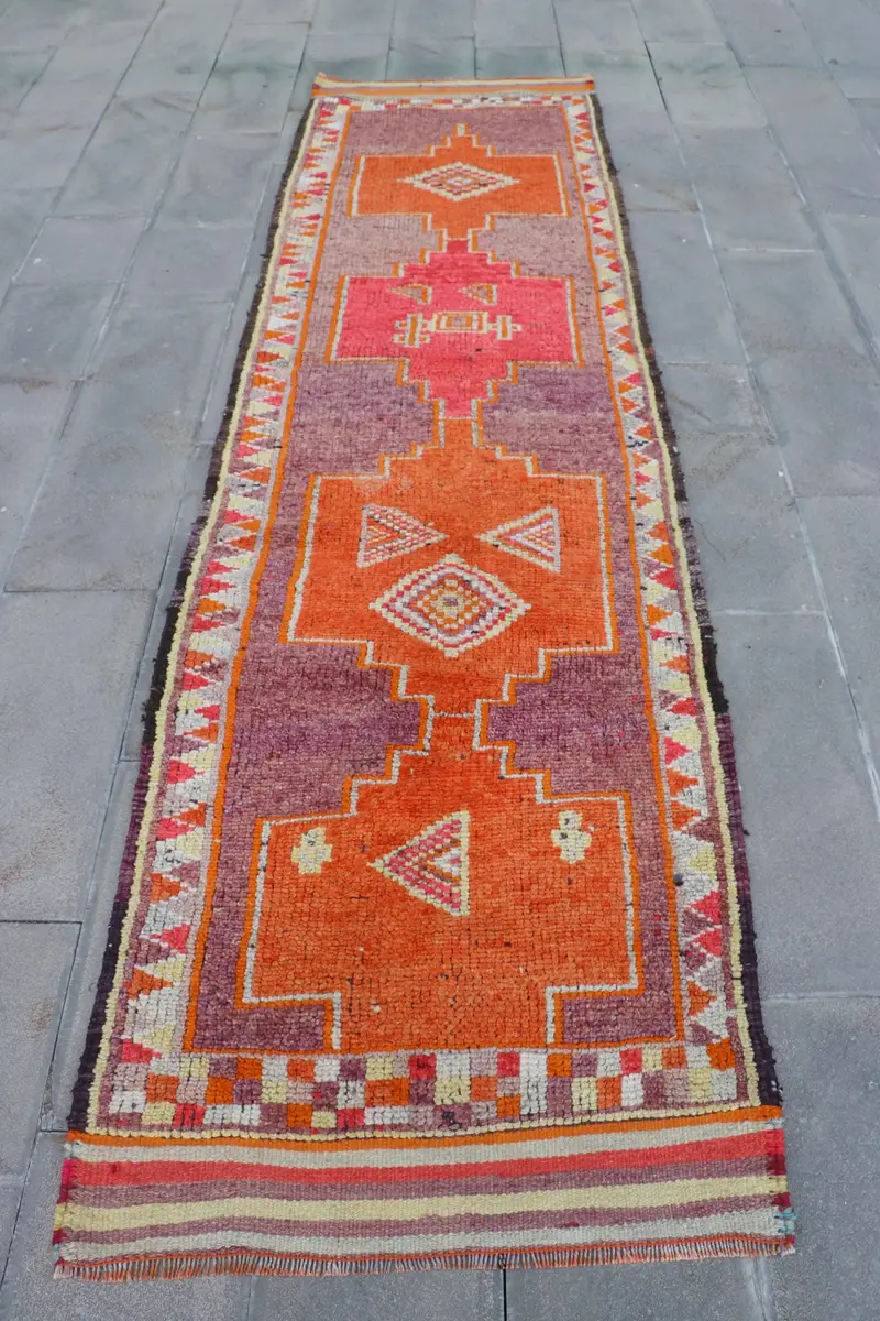 Vintage Turkish Runner Rug 3x11.2 ft, Orange Red Animal Print Rug - 1