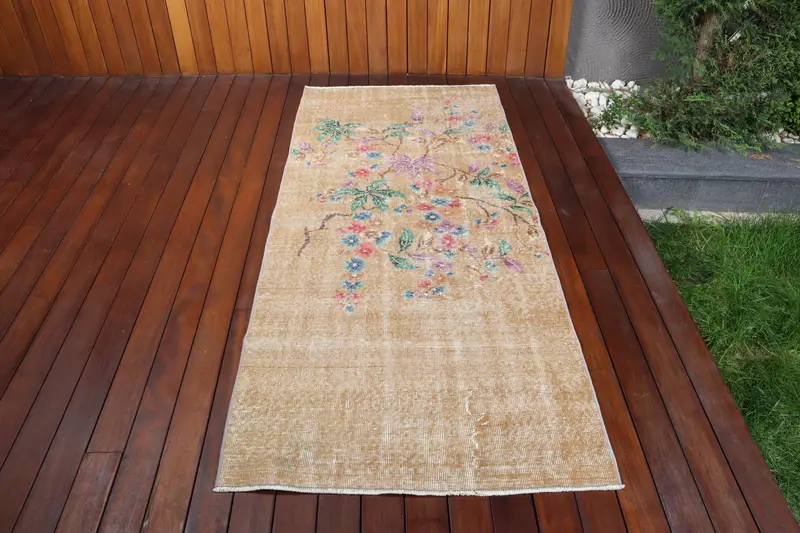 3x6.9 ft Vintage Halı, Türk Vurgulu Halı, Kahverengi Mavi Kamuflaj Halı - 1