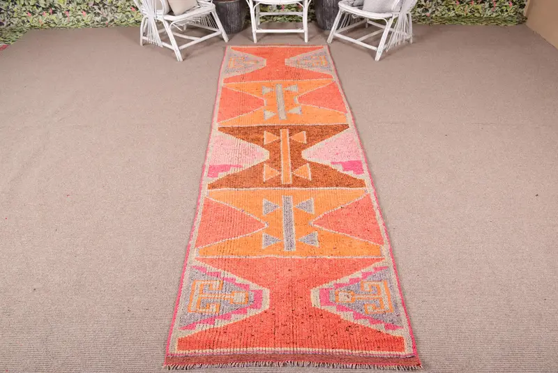 3.2x9.9 ft Vintage Halı, Türk Yolluk Halısı, Turuncu Pembe Puantiyeli Halı - 1