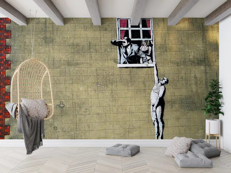 Bright Wall Paper, , Paper Wall Art, Street Wall Decor, Sensual Wall Print, 3d Wall Paper, Banksy Naked Man Mural, - 2