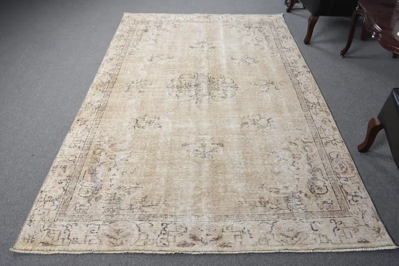 5.3x8.2 ft Turkish Oushak Rug, Vintage Rug, Brown Check Wool Rug - 1
