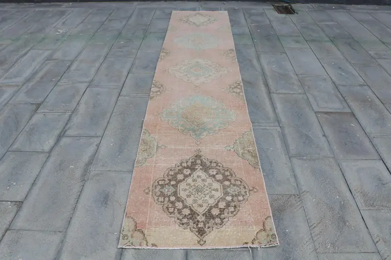Vintage Turkish Rug, 2.5x11.6 ft Runner Rug, Pink Blue Striped Wool Rug - 1