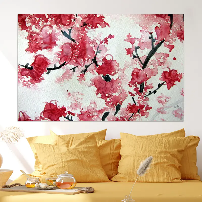 Zarif Kırmızı Çiçek Çiçeği Japon Baskılı Cam