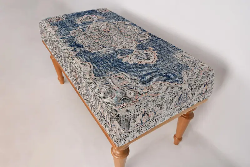 Modular Kilim-Inspired Ottoman, Blue & Beige Wool Blend Ottoman
