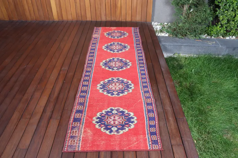 Türk Yolluk Halısı 2.6x7.9 ft, Kırmızı İkat Vintage Yün Halı - 1