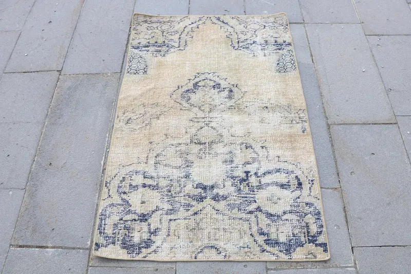 Vintage Oushak Rug 2.6x4 ft (80x122 cm), Blue Patchwork Turkish Rug - 1