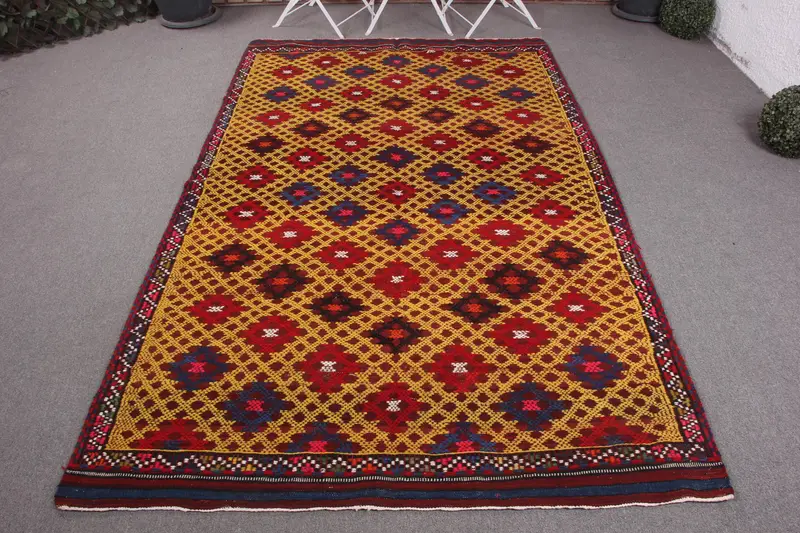 Handmade Yellow Southwestern Rug, 5x8 ft with Red Accents