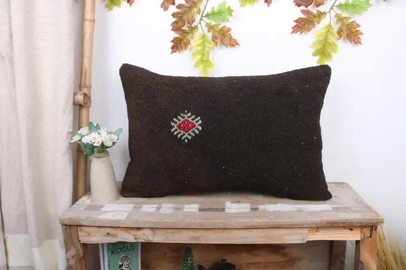Braun & Beige besticktes Wurfkissen, handgemachtes rechteckiges Kissen