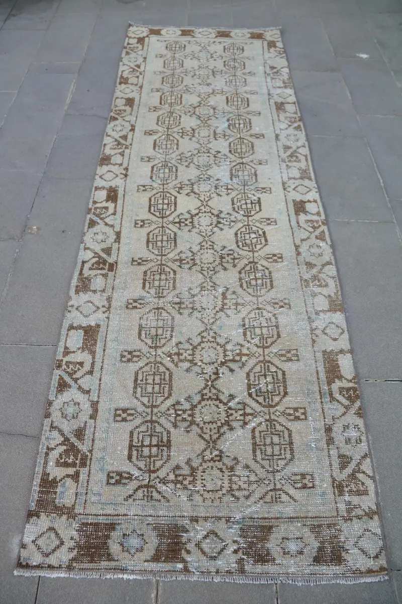 Yeşil, Kahverengi Çiçekli Halı, 3,2x9,9 ft Zarif Dekor