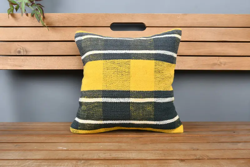 Retro Pillow Case, Boho Pillow, Kilim Pillow, 16x16 Yellow Cushion, Boho Pillow Sham Cover, Handwoven Pillow, Couch Pillow, Pillow Case - 6