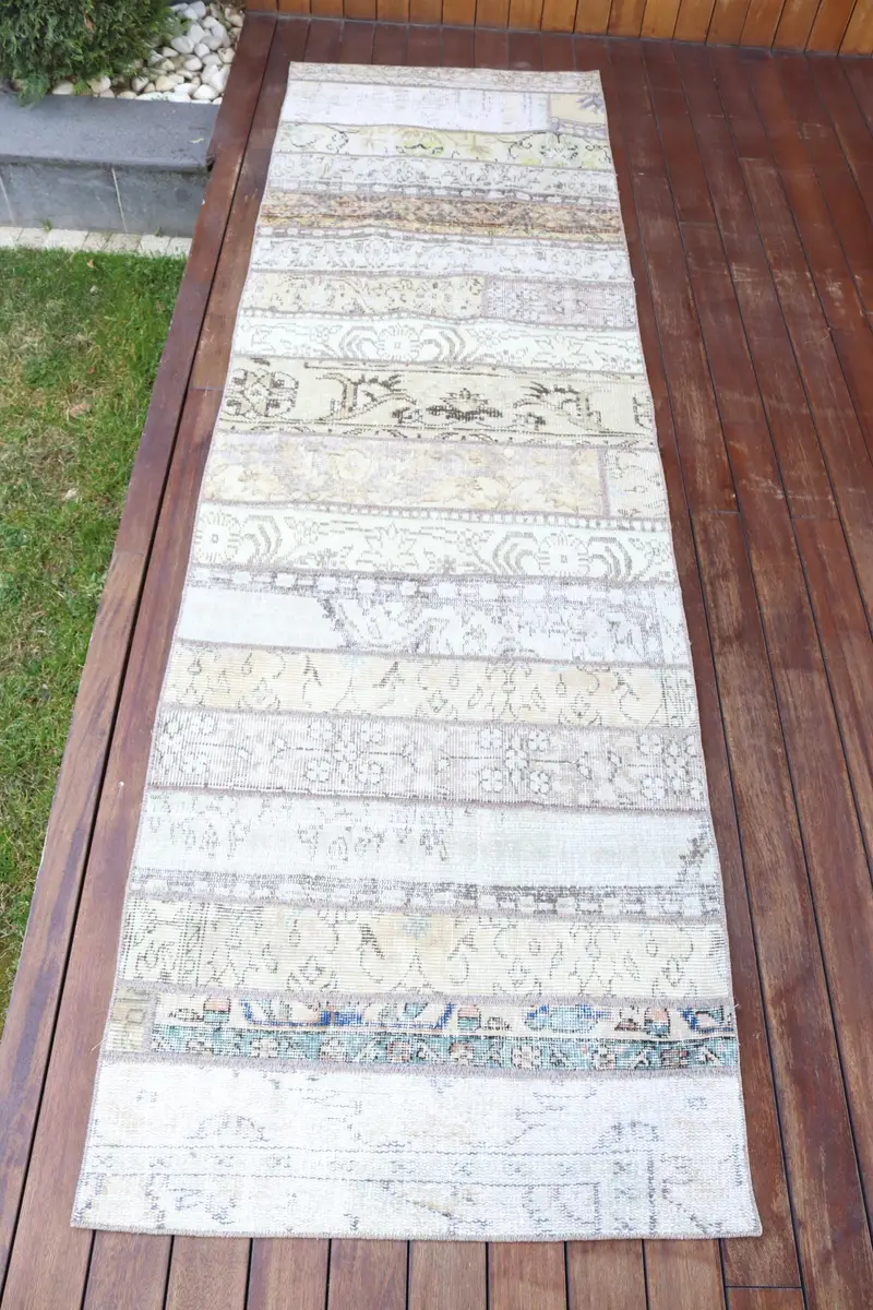 Handmade Beige Ikat Rug, 2,7x9,1 ft with Brown Accents