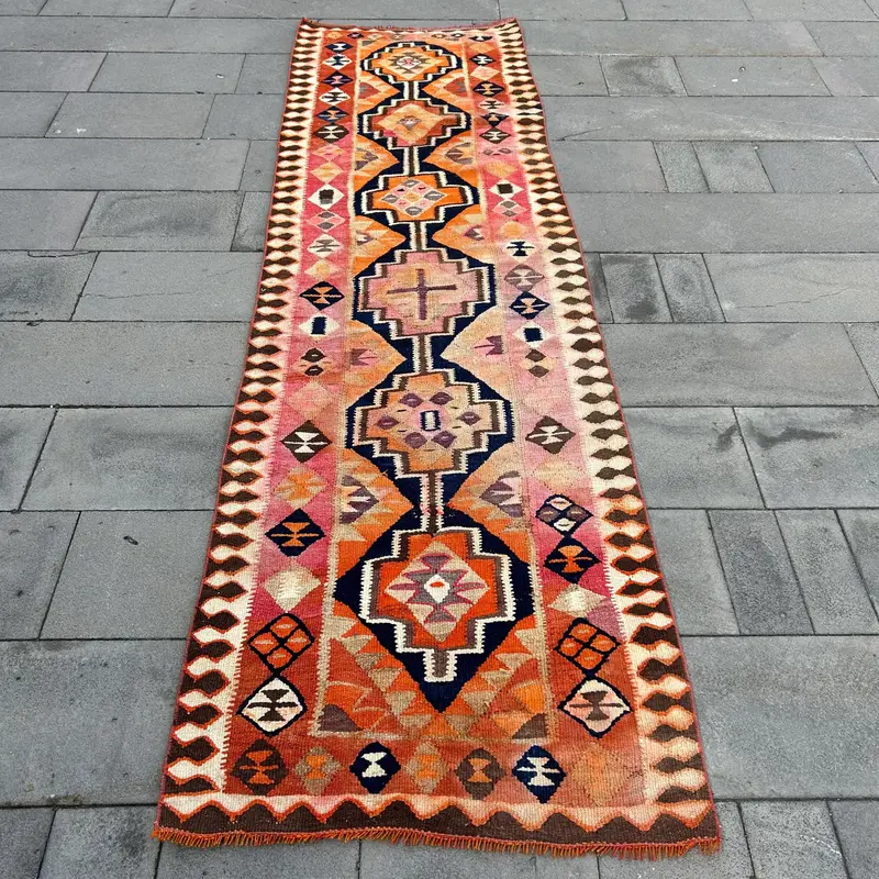 Zarif Bej Halı, Kahverengi Desenli 2,9x9,8 ft İkat Desenli