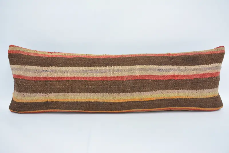 Besticktes Hanf-Wurfkissen, 12x36 braun und beige gestreiftes Kissen