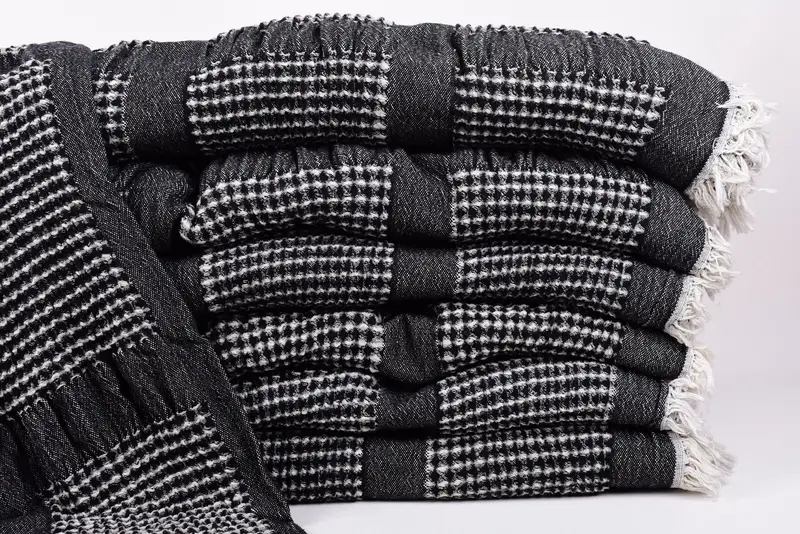83x79 Black Waffle Blanket, Organic Cotton, Personalized Throw