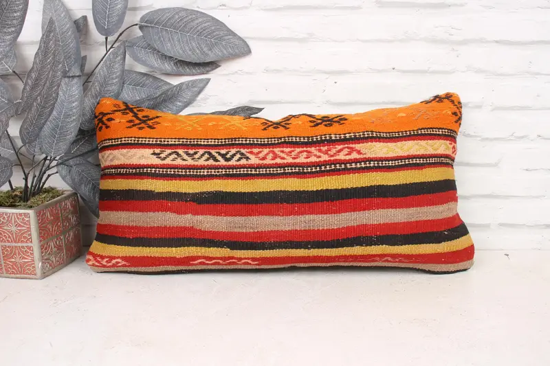 12x24 Orange Pillow, Vintage Kilim Pillow, Muted Pillow, Kilim Pillow, Office Chair Pillow Cover, Pillow Case, Home Decor Pillow - 1
