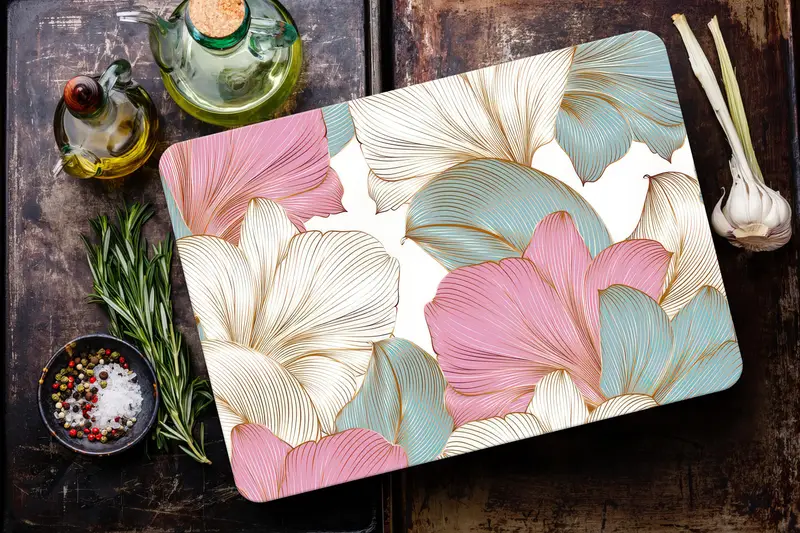 ゴールデンフローラルガラスカッティングボード、モダンピンク、ラグジュアリーキッチンエッセンシャル