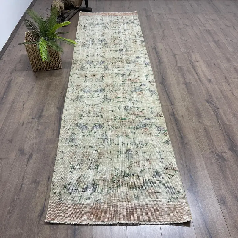 Zarif Yeşil ve Mor Halı, Fas Desenli 2,8x10,6 ft