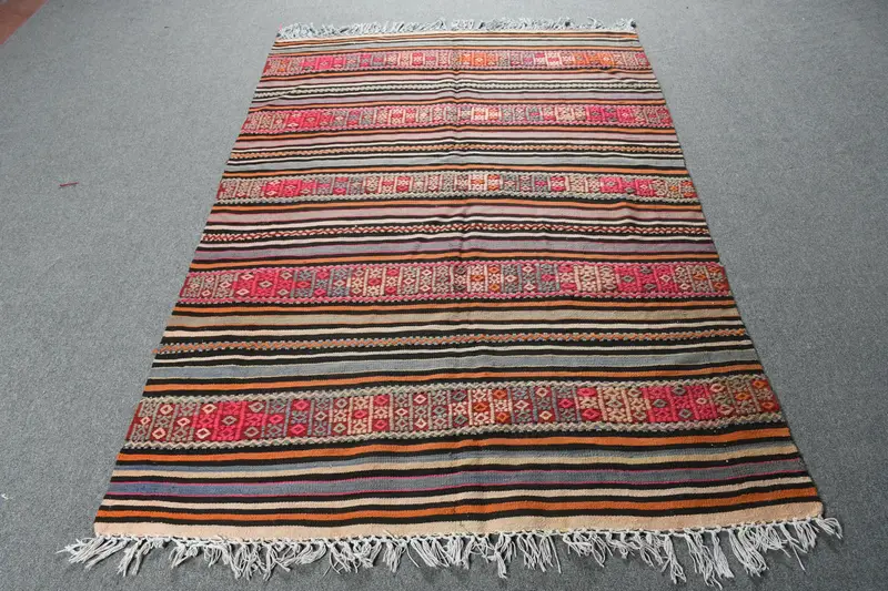 4.6x7 ft Rug, Vintage Turkish Rug, Red Gray Check Wool Rug - 1