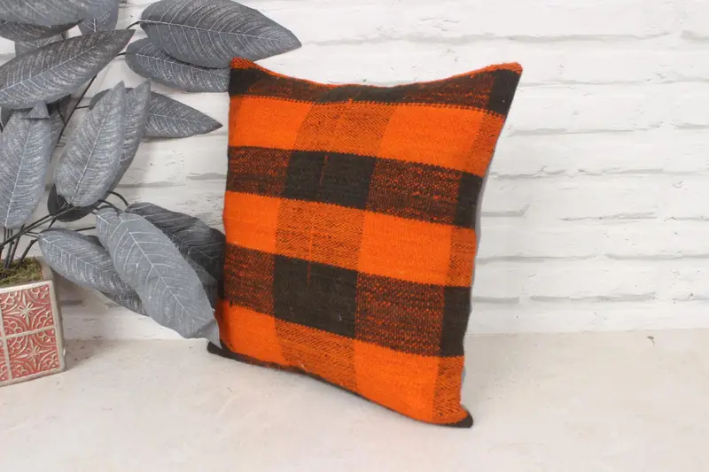 Pillow Cover, Pillow for Sofa, Kilim Cushion Sham, Southwestern Pillow, 14x14 Orange Cushion Cover, Garden Pillow Sham, Home Decor Pillow - 4