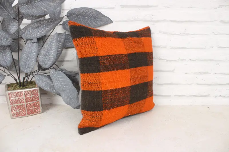 Pillow Cover, Pillow for Sofa, Kilim Cushion Sham, Southwestern Pillow, 14x14 Orange Cushion Cover, Garden Pillow Sham, Home Decor Pillow - 3