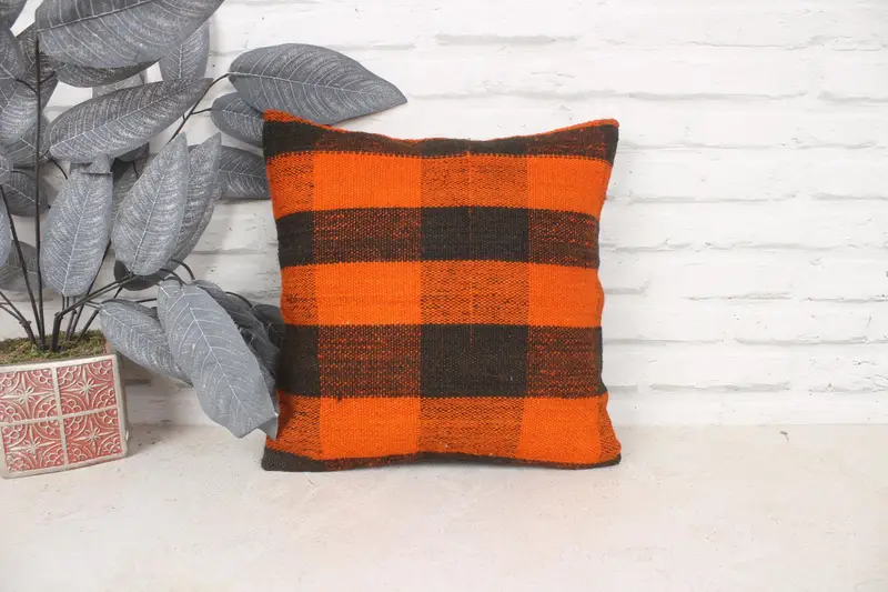 Pillow Cover, Pillow for Sofa, Kilim Cushion Sham, Southwestern Pillow, 14x14 Orange Cushion Cover, Garden Pillow Sham, Home Decor Pillow - 1