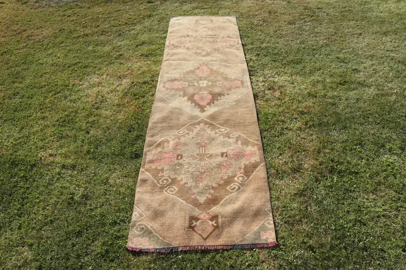 2.5x9.6 ft Vintage Türk Halısı, Yolluk Halısı, Oushak Kahverengi Yün Halısı - 1