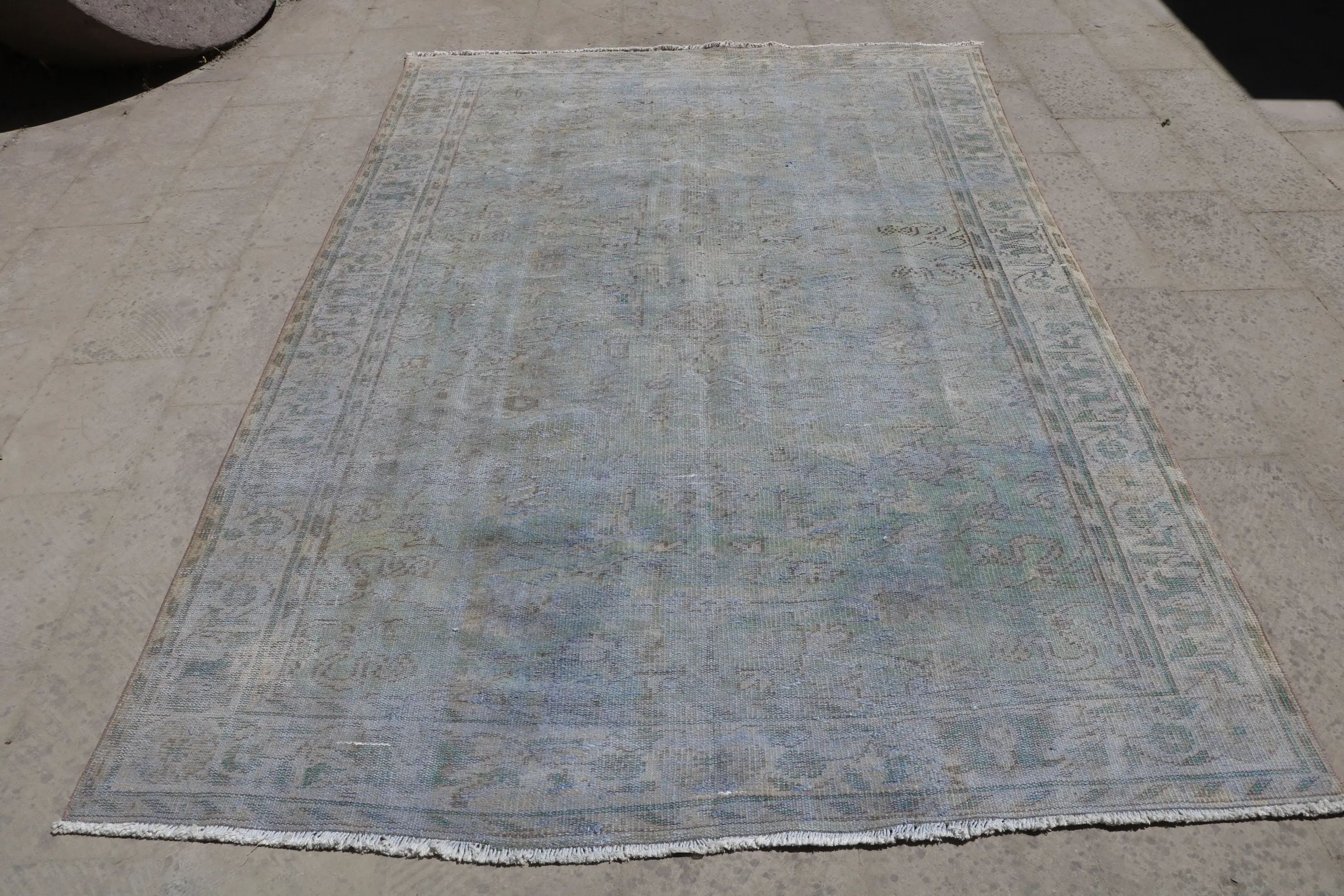 5.9x8.9 ft Büyük Türk Vintage Halı, Mavi Çiçekli Yün Halı - 1