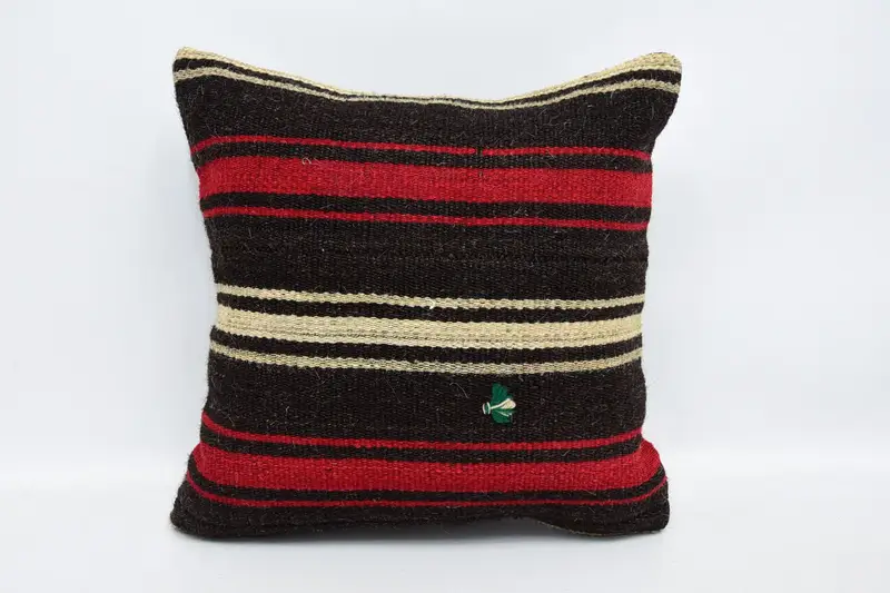 Yoga Cushion Cover, Vintage Kilim Pillow, Vintage Pillow, 16x16 Brown Cushion, Pillow Cover, Bed Pillow Cover, Boho Pillow Sham Cover - 1