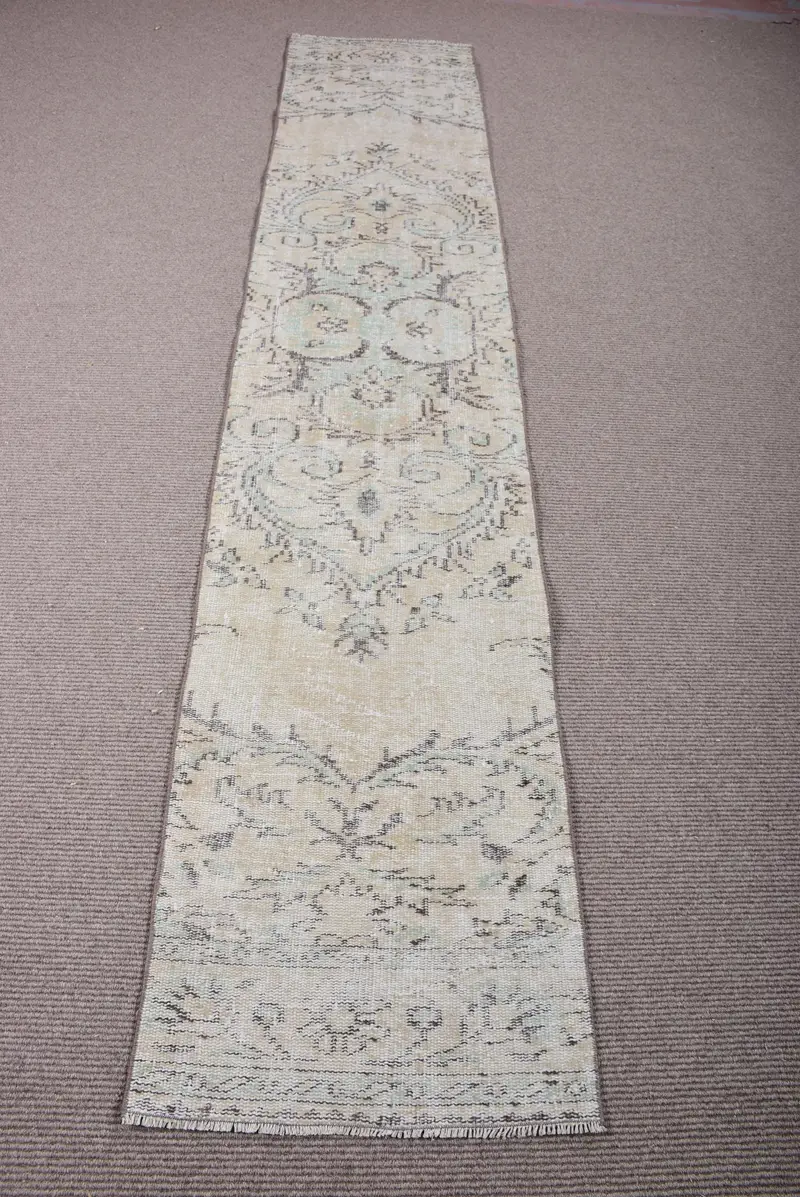 Zarif Bej Oryantal Halı, Yeşil Desenli 2x10 ft